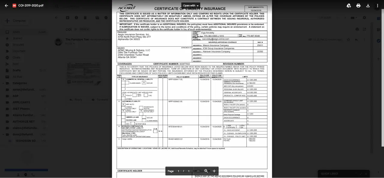 Certificate of Insurance