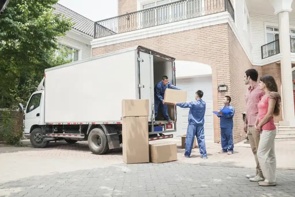 Young,Couple,Watching,Movers,Move,Boxes,From,The,Moving,Van